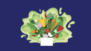 illustration of vegetables exploding out of a stock pot
